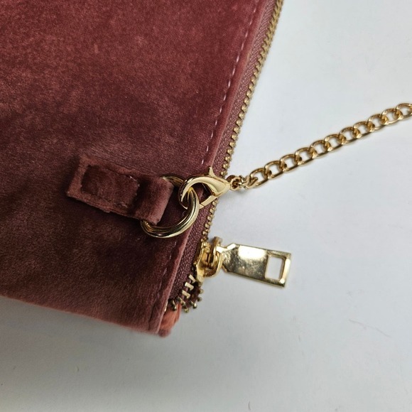 Embroidered Velvet Zip Top Pouch Purse Chainlink Shoulder Strap Mauve Pink - Picture 4 of 7